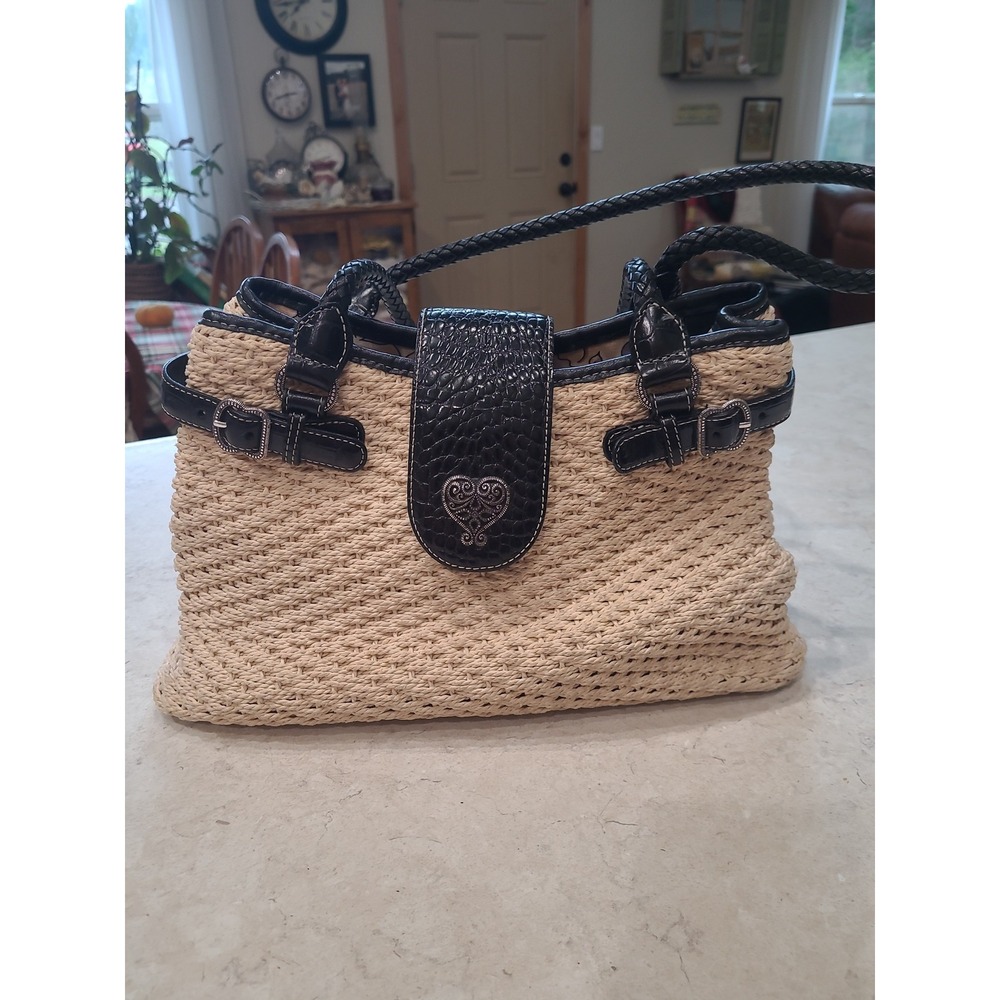 Brighton Woven Fiber Leather handbag Silver hardware braided straps multi pocket